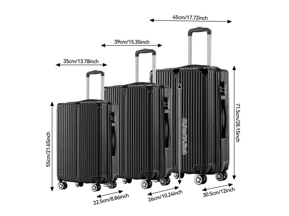 Conjunto De Malas De 3 Tamanhos 20, 24 E 28, Com 4 Rodas, Zíper E Haste Telescópica. M L Xl. Ideal Para Viagens Em Família. Preto Rosahqnda