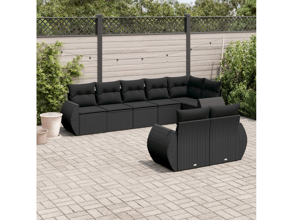 Conjunto 8 sofás de jardim VIDAXL com almofadões vime PE preto