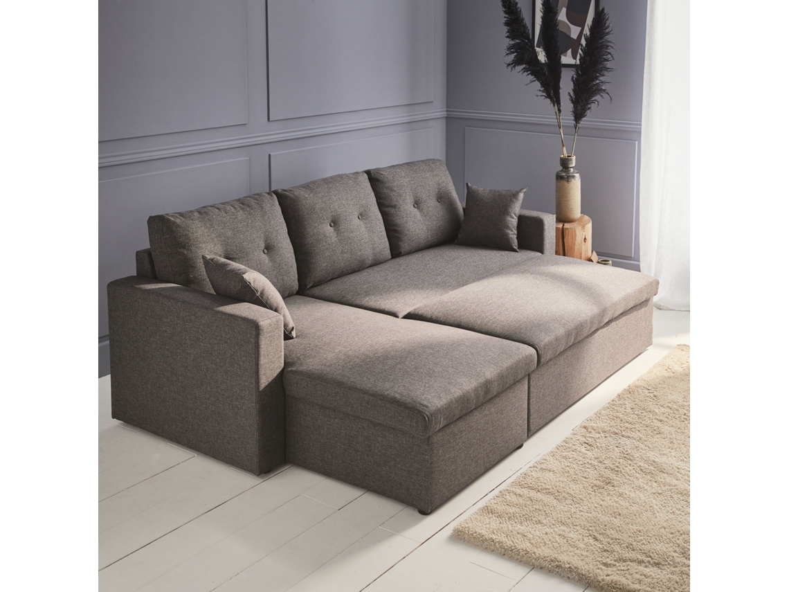 Sofá de Canto SWEEEK Conversível em Tecido Cinzento (219 x 147 x 68 cm)