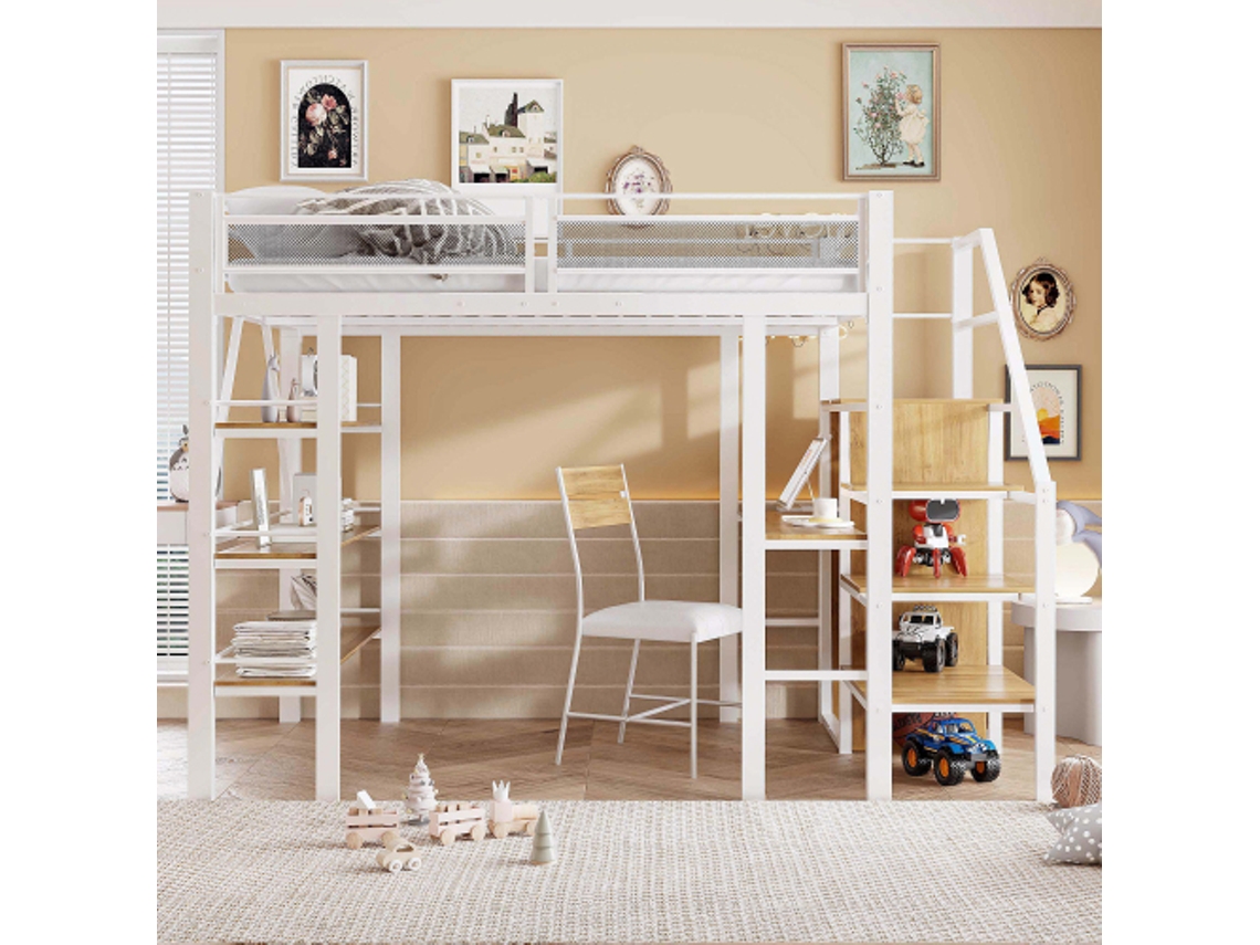 Cama Alta 140200 Cm, Prateleira De Armazenamento De Três Camadas, Escrivaninha, Guarda-roupa, Degraus De Segurança Com Compartimento De Armazenamen