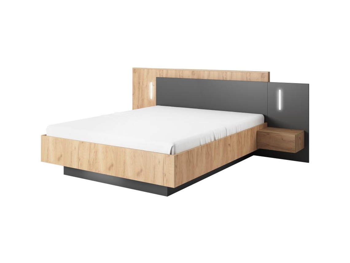 Cama com cofre FRANCOLI VENTE-UNIQUE Cinza antracite, Natural claro 160x200 cm - Com colchão - Com sommier