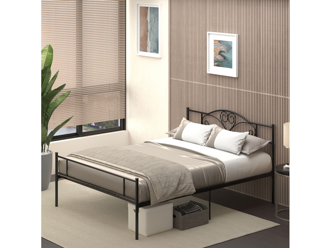 Estrutura de Cama Dupla de Metal Aço cor Negro 158x211x106 cm HOMCOM
