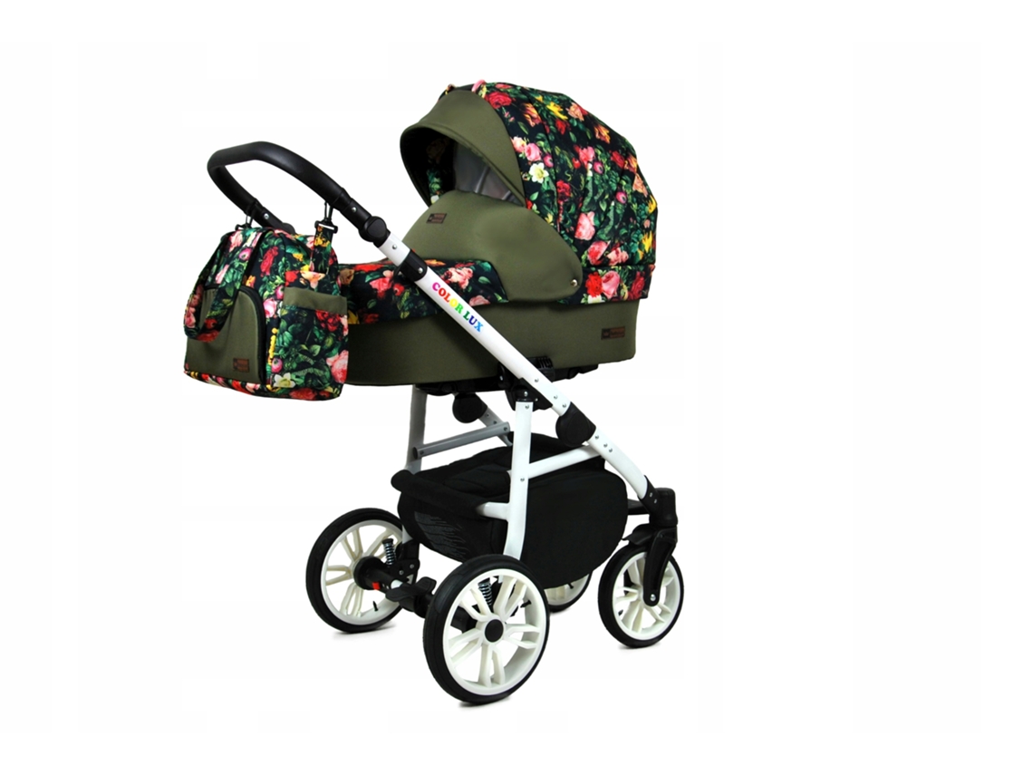 Carrinho de Bebé Multifuncional BABYLUX CLASSIC GOLD 4 Em 1 -Roses With Tulips On Black WHITE FRAME - Ajustável e dobrável Construção leve em alumínio