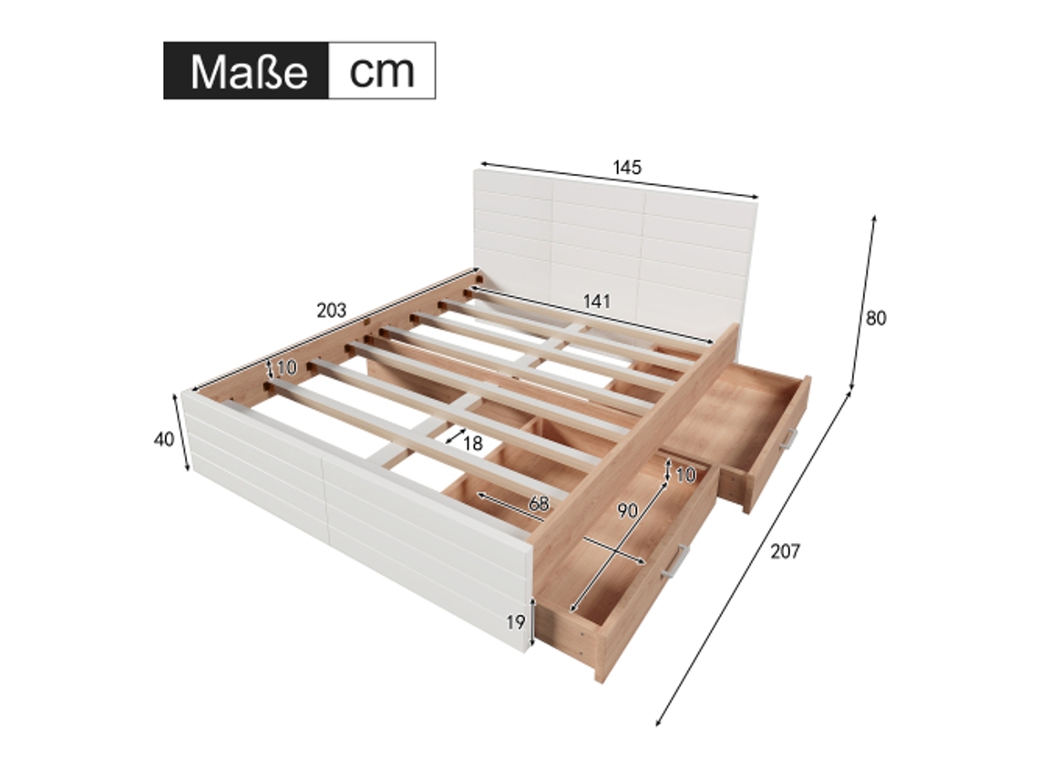 Conjunto De Cama Casal Moderno Em Madeira 140×200cm Com 2 Gavetas, Inclui Estrutura E Ripado - 207×80×145cm (c×a×l) Em Carvalho/branco (com Colchão)