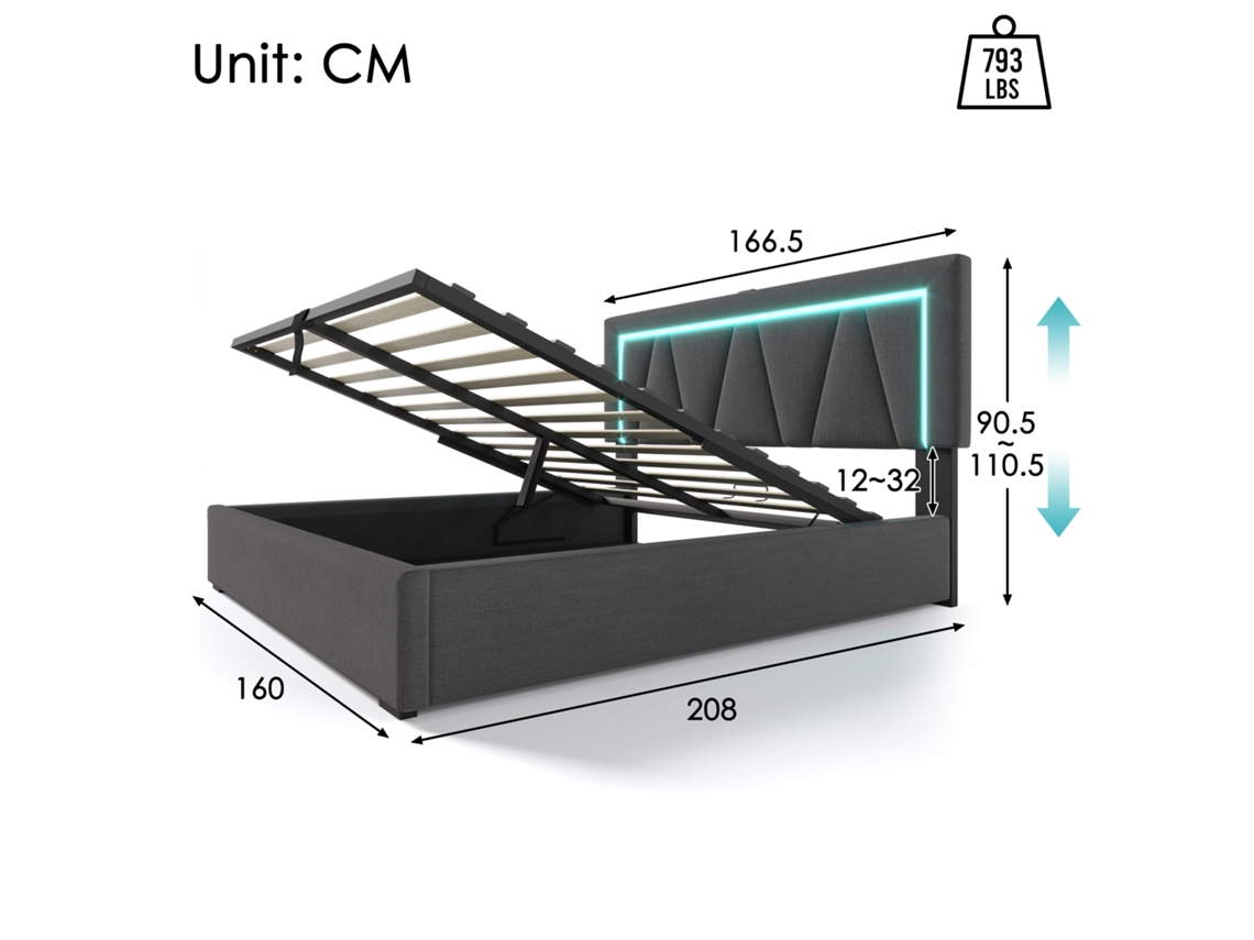 Cama De Casal Com Arrumação Estofada Led Usb Tipo Material Ripas Pangshiyuan Linho Cinzento (160x200cm)