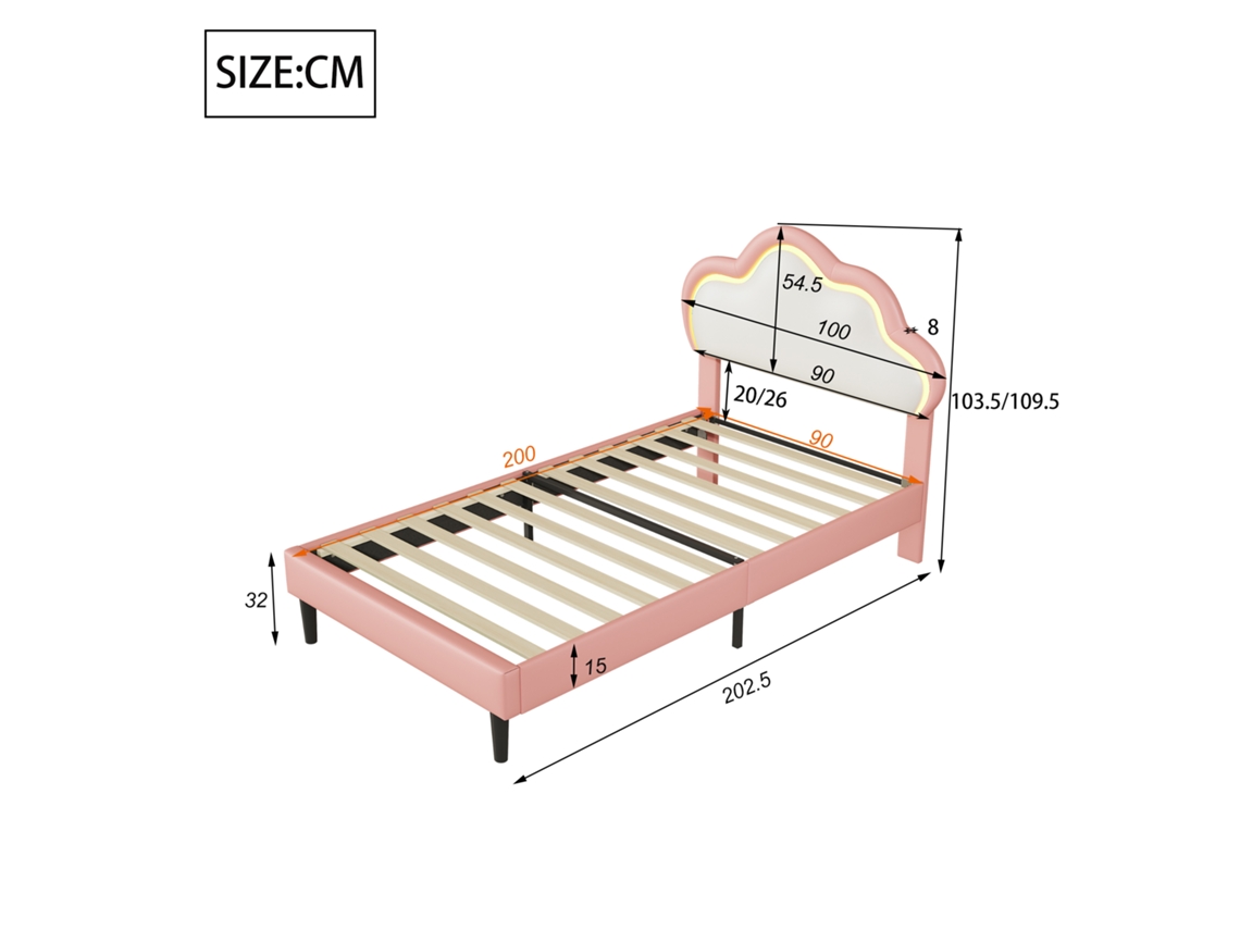 Cama Individual 90x200 Cm, Cama Infantil Com Iluminação Led, Cama Princesa, Cama Estofada Com Cabeceira Ajustável Mexus
