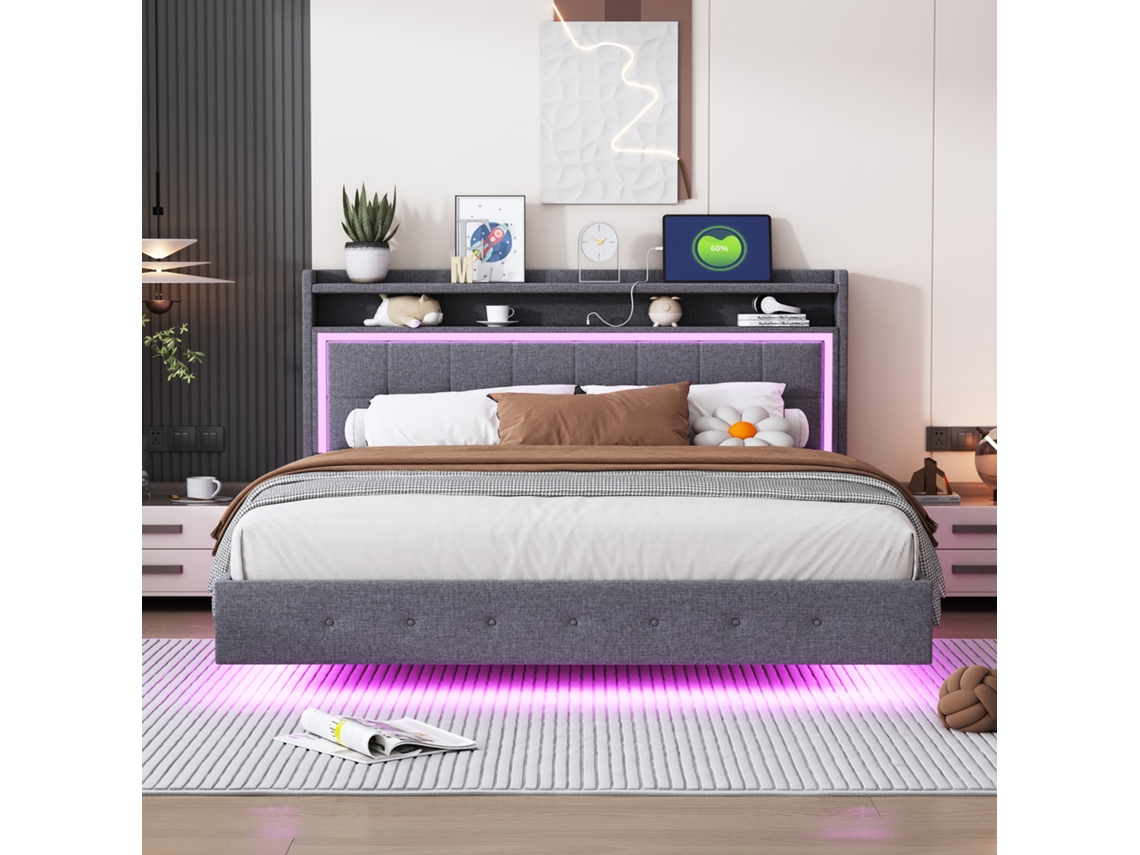 Cama Estofada 160x200, Com Tomada Usb E Luz Led, Design De Pé Escondido, Cama Plana De Casal, Tecido De Linho Cinza