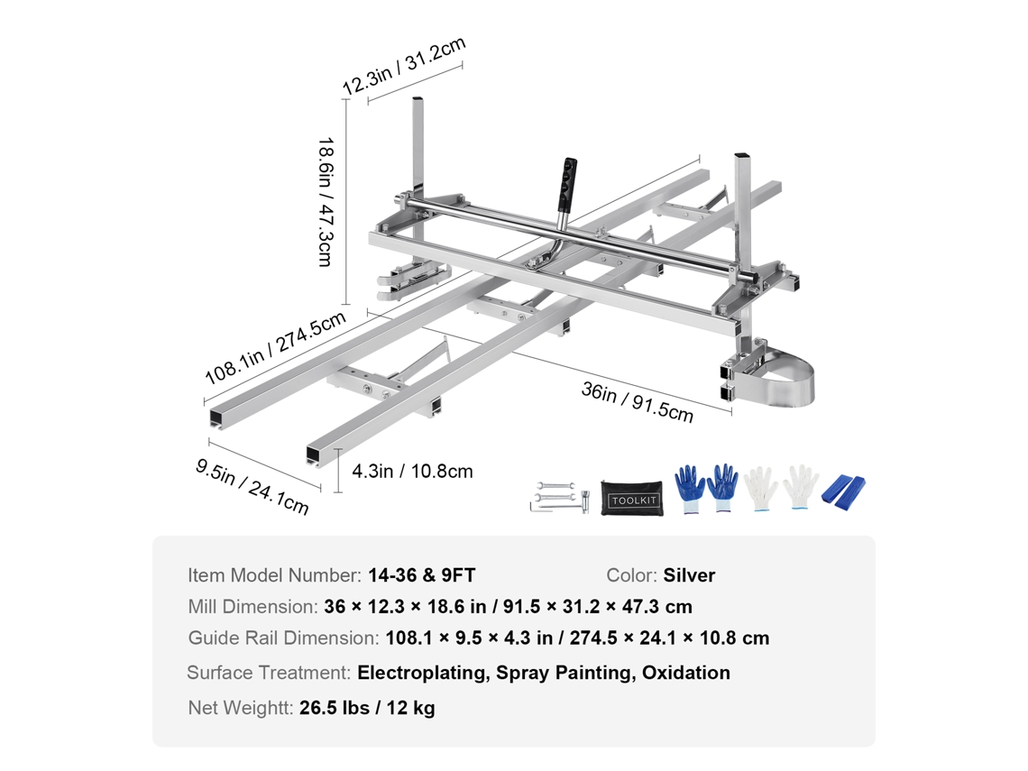 Sistema de Guia de Moinho de Motosserra e Trilho VEVOR Barra Guia de Serraria Portátil de 14 Inch-36Inch