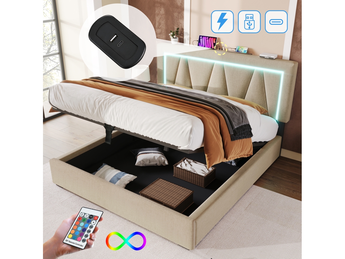 Cama Com Colchão De Casal E Arrumação Estofada Led Usb Tipo Material Pangshiyuan Linho Bege (160x200cm)