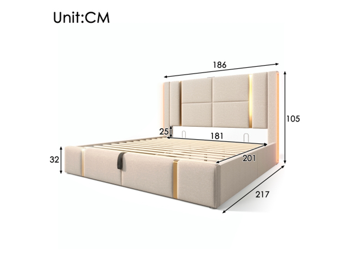 Cama De Casal Estofada Com Função De Carregamento Usb Tipo C, Controle Por App, Led, 180×200 Cm, Estrutura De Cama Com Armazenamento, Estrutura De R