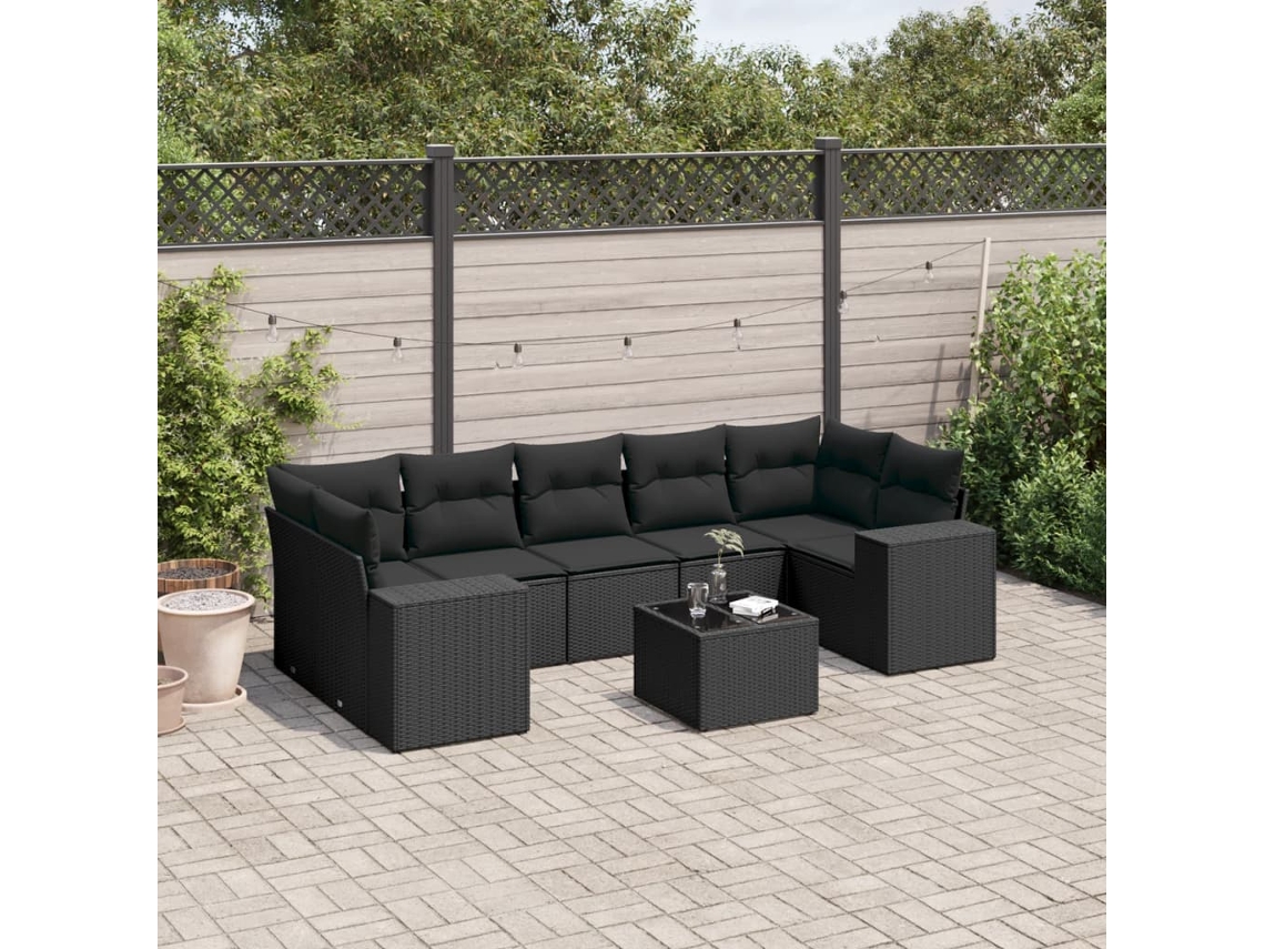 Conjunto 8 sofás de jardim VIDAXL com almofadões vime PE preto