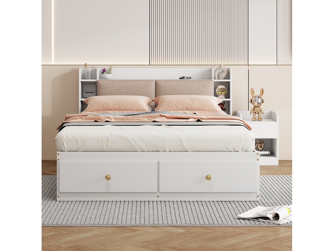 Cama De Casal Com Arrumação E Gavetas Mobrio Madeira Maciça Branco (140x200)