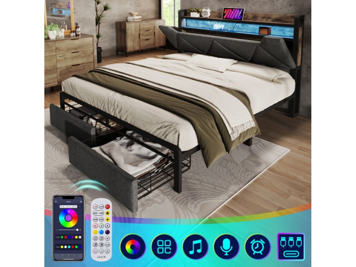 Cabeceira De Cama Retrátil Com Usb Tipo C, Iluminação Led E Gavetas, Cama 140x200, Cinza (com Colchão)