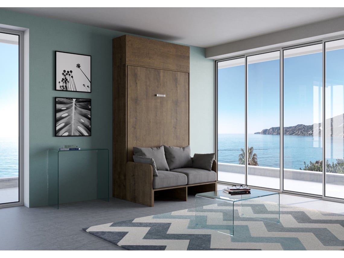 Cama Abatível 120 Vertical Sofà com Módulo a Parede Superior ITAMOBY Kentaro Sofà (134 x 105 x 250 cm - Painéis em Melamina - Nogueira)