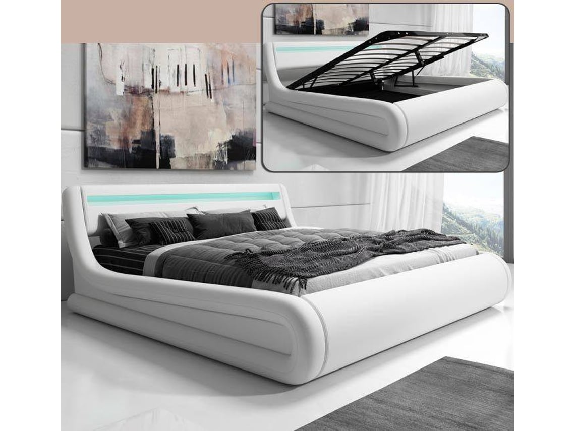 Cama com Colchão Rodas MÓVEIS BONITOS (Branco - LED - Polipele - Colchão 180x200cm - com Estrado Elevatório)