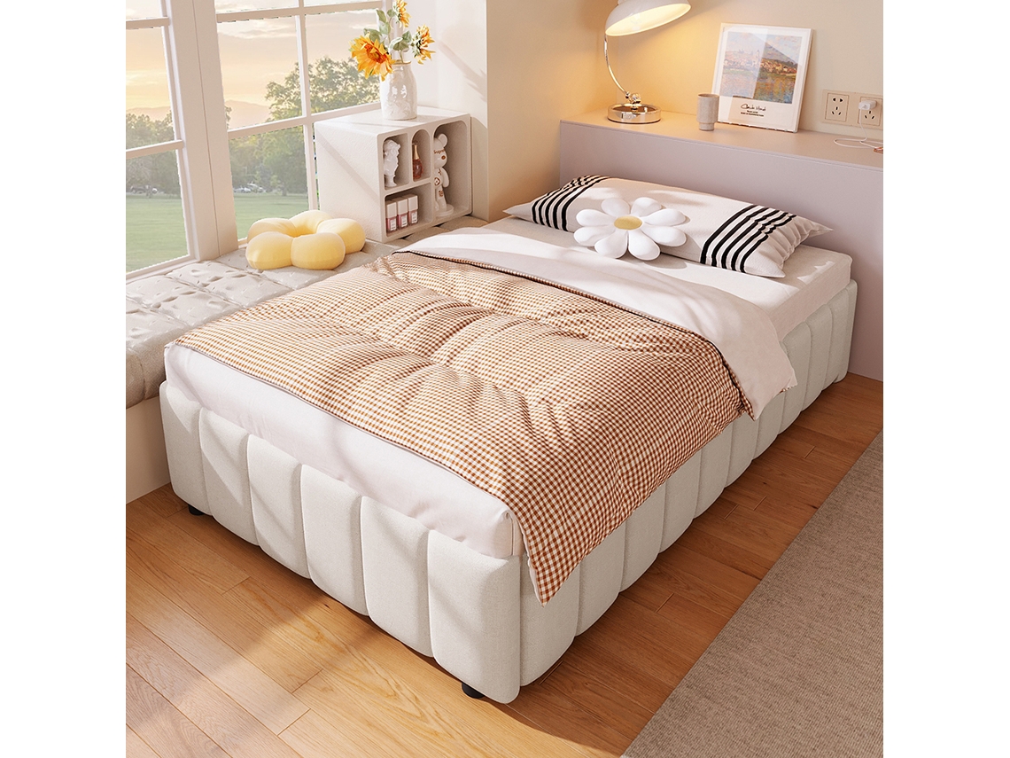 Cama Com Cabeceira Estofada Armazenamento Hidráulico Gutent Linho Bege (90x200)