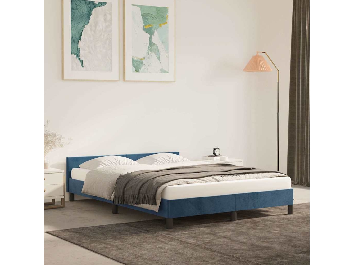 vidaXL Estrutura de cama c/ cabeceira 140x190 cm veludo azul-escuro