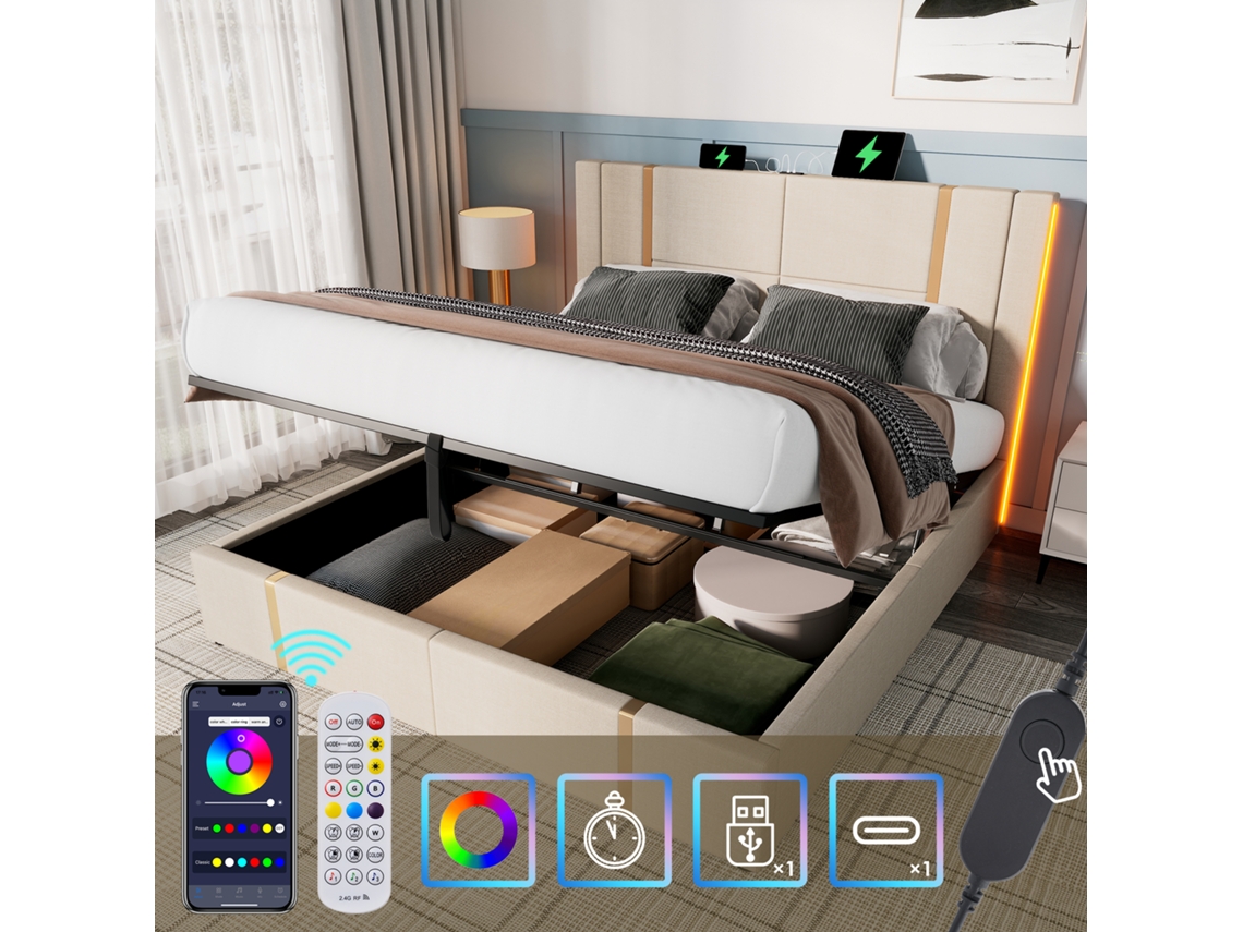 Cama Com Colchão De Casal Usb Tipo Controle App Pangshiyuan Madeira Linho Bege (140x200cm)