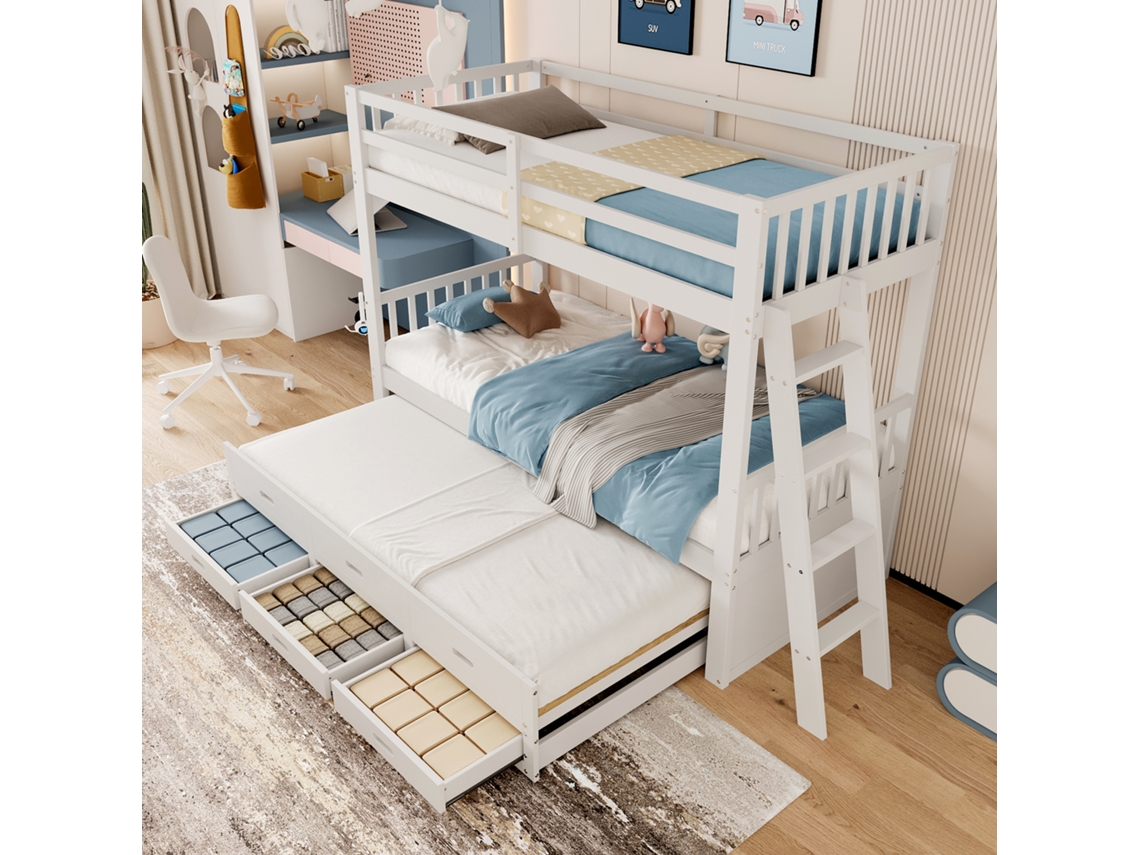 Cama Beliche 90x200cm, Cama Infantil Com Escada, Estrutura De Pinus E Mdf, Cama Retrã¡til E 3 Gavetas, Cor Branca Haochrymec (244 X 95 X 160 Cm)