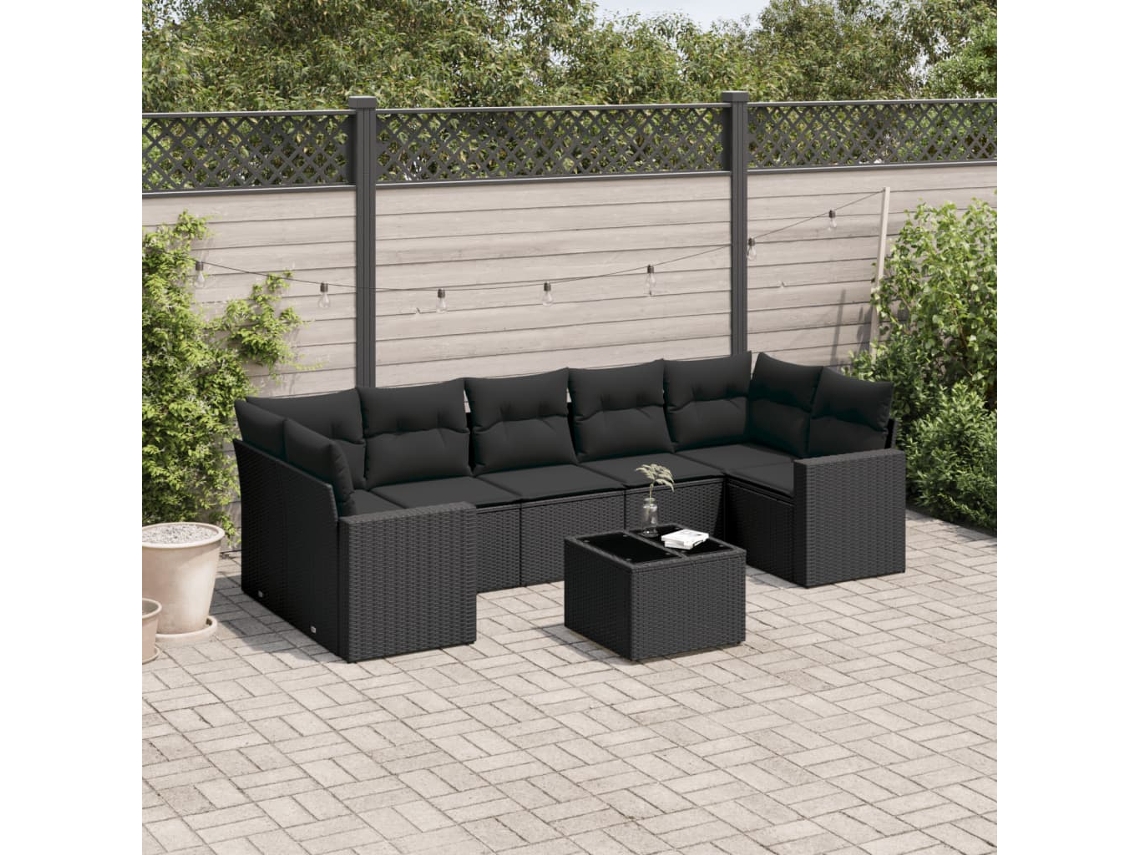 Conjunto 8 sofás de jardim VIDAXL com almofadões vime PE preto