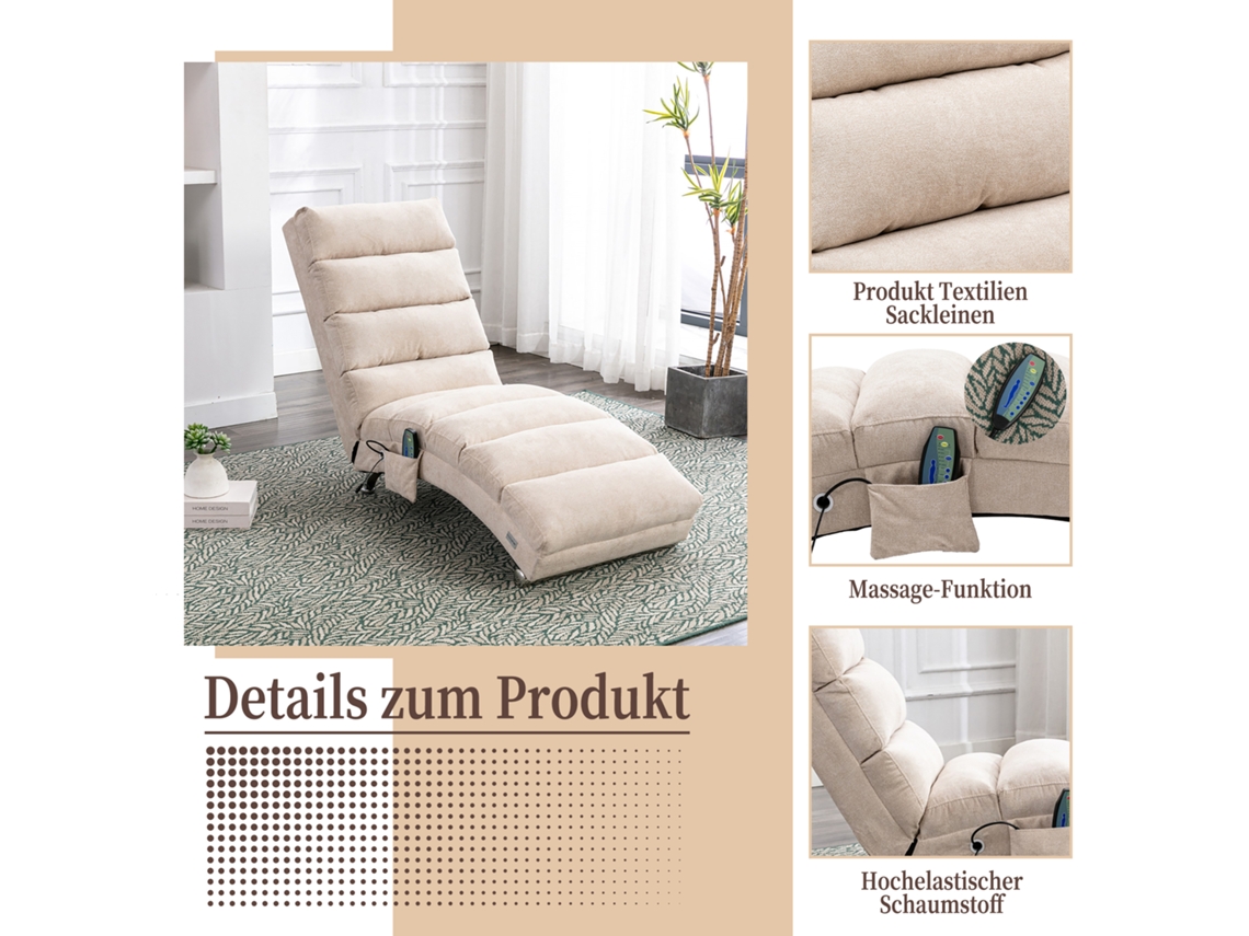 Chaise Longue De Massagem Reclinável Em Linho Bege Com 5 Modos, Estrutura Robusta, Controle Remoto E Design Ergonômico Pangshiyuan (55x148x87cm)