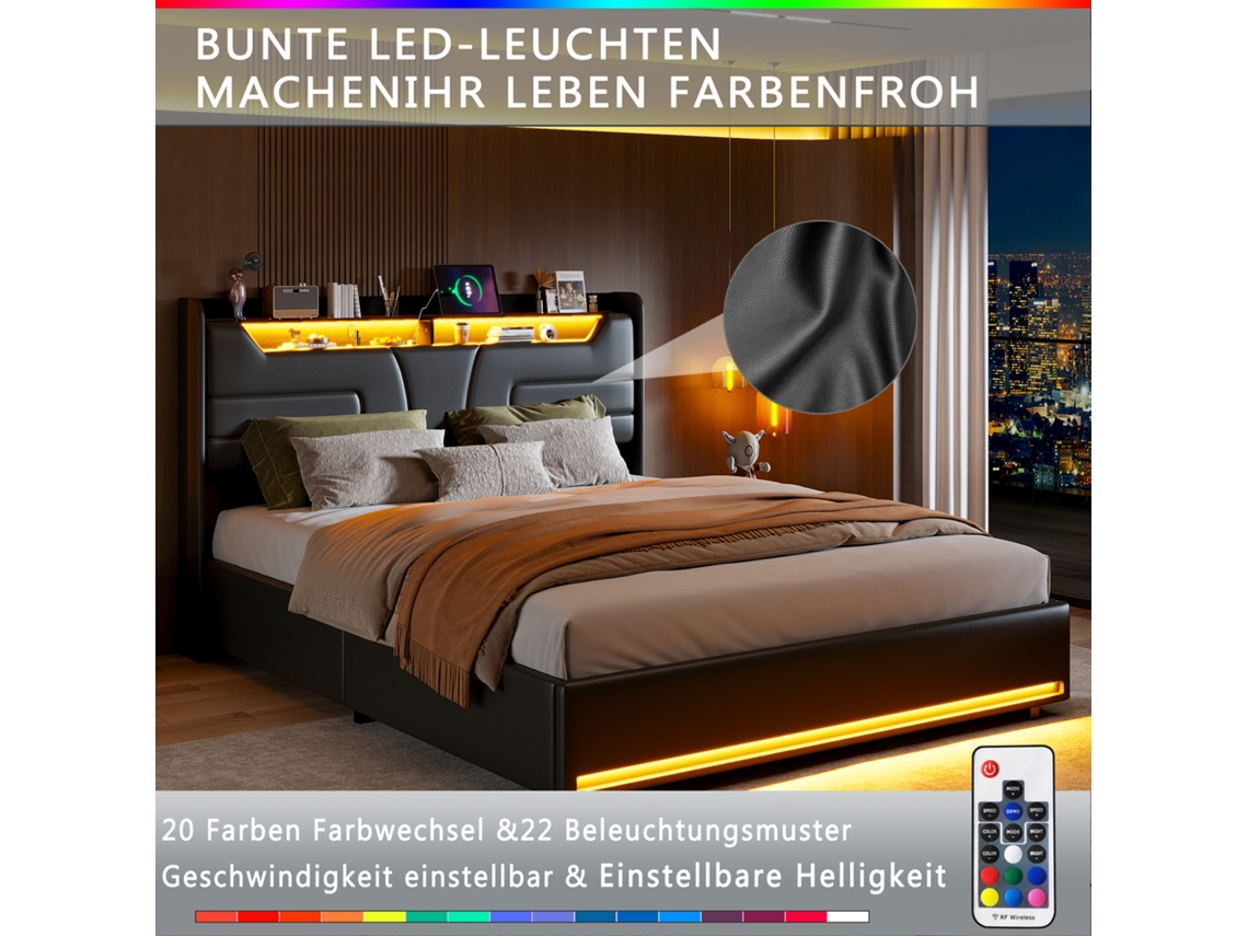 Cama Estofada 160x200 Cm, Cama De Casal, Com Caixa De Armazenamento, Usb Tipo C, Comando Remoto Para Luzes Led, Tecido De Couro Pu Preto