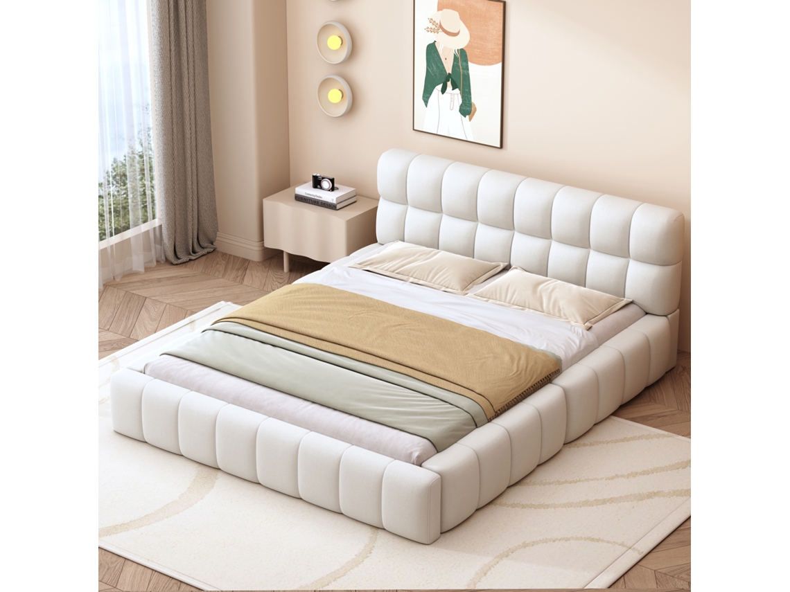 Cama De Casal Estofada 140x200cm Em Tecido De Linho - Com Cabeceira Espessa E Estrado De Ripas - Bege