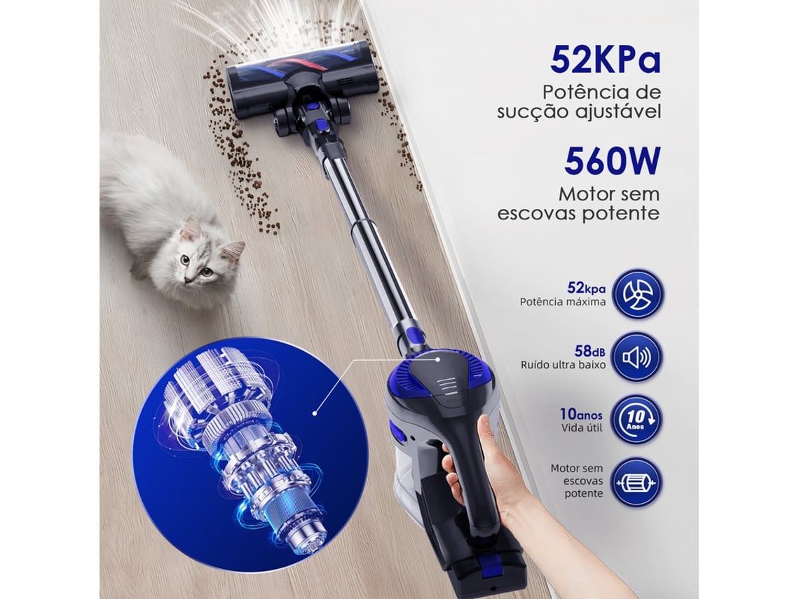 Aspirador Vertical Sem Fio 5 Em 1, 52000pa/560w, Tubo Flexível Prático, Autonomia 60min, Kit Pets Escova Anti Pêlos Tubo Extensor Flexível. Adormii