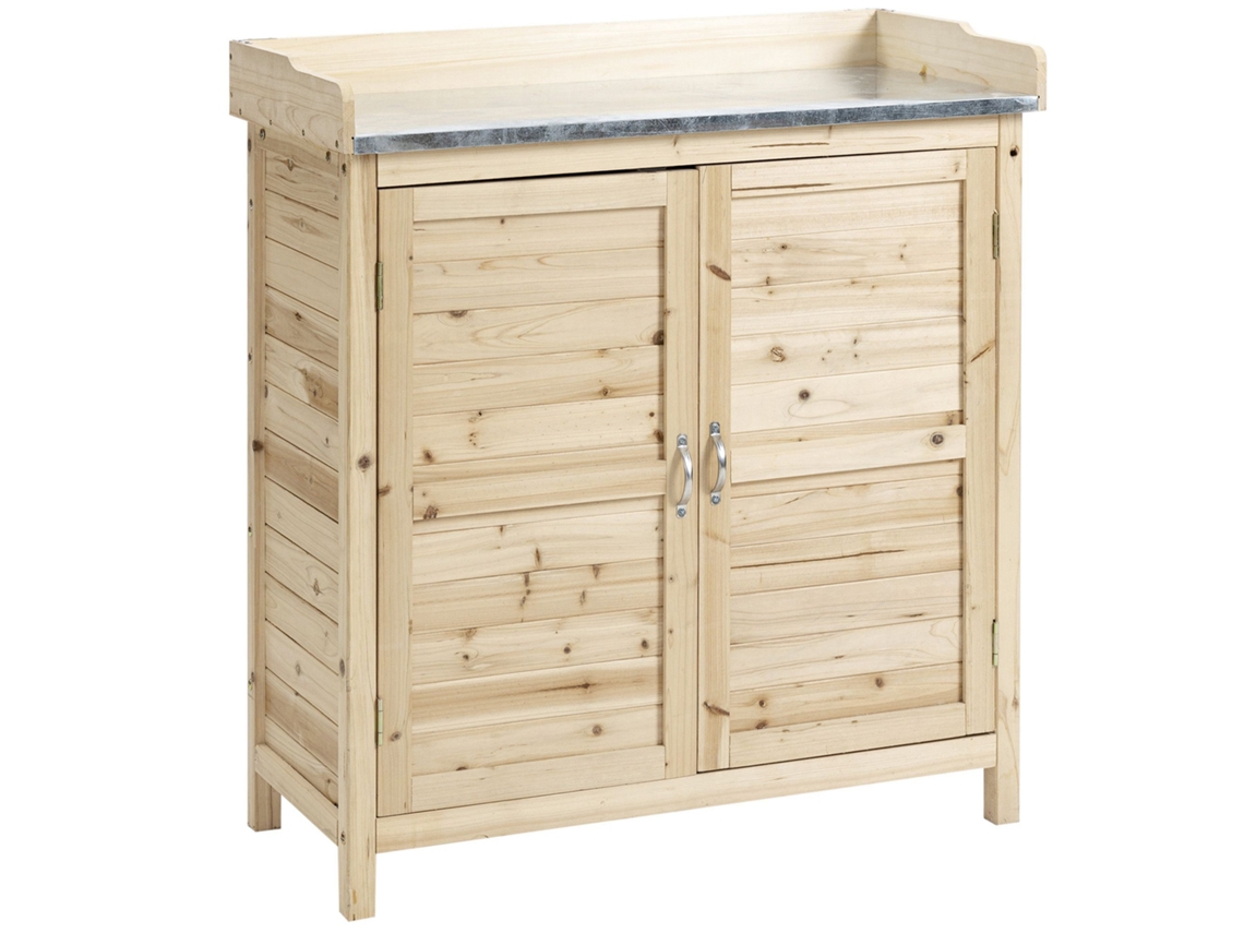 Armário De Jardim Com 2 Compartimentos, Bancada De Metal Com Borda Elevada, Madeira Natural, 83 X 40 X 92 Cm Btforus