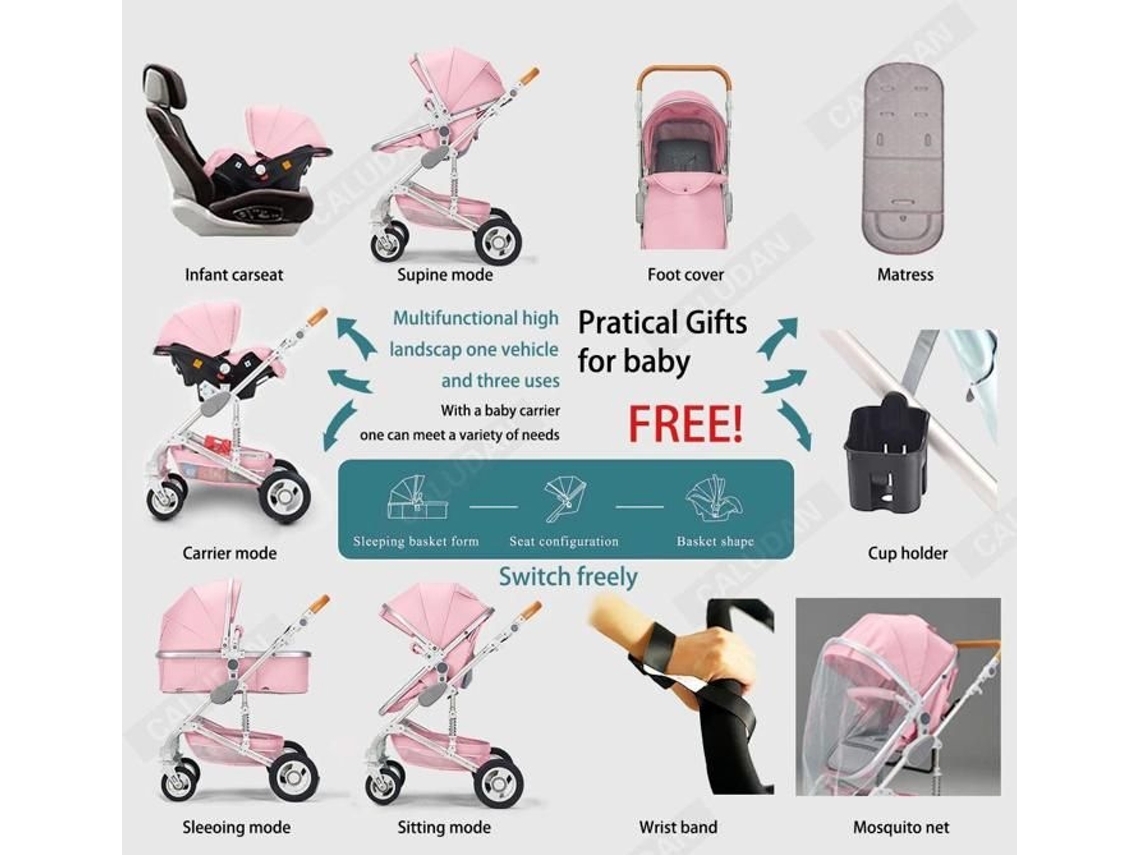 Bazarland30. Carrinho 3 Em 1 Bebê Combinado Assento Auto Nacelle Reversível Ajustável Alta Qualidade Rodas Inquebráveis Cadeira.rosa