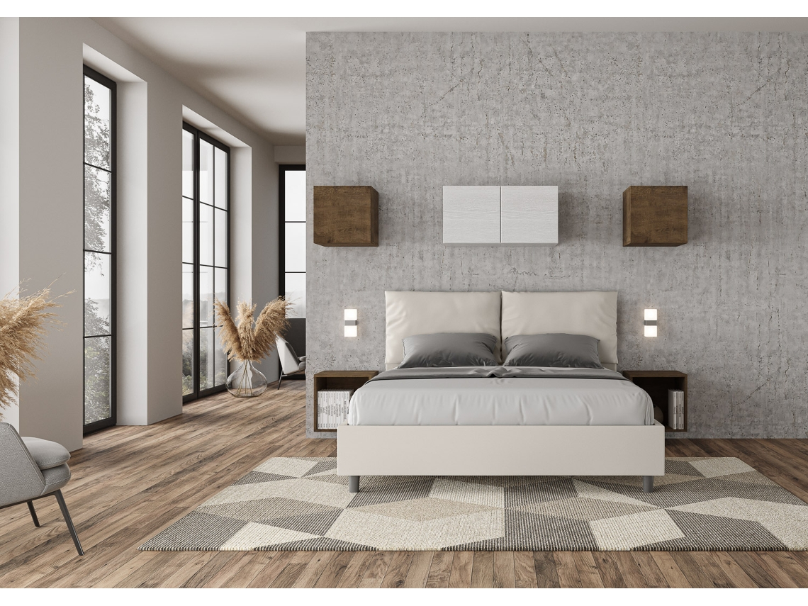 Cama de Casal Queen Size Con Estrado Estofada AnteaITYHOME (160 x 210 cm - Painéis de Melamina e Couro Sintético)