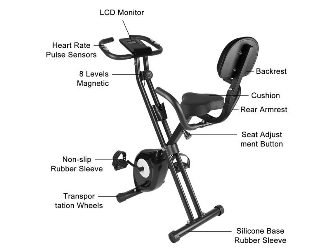 Encosto Dobrável para Bicicleta Ergométrica 8 Níveis de Resistência Magnética Tela Lcd Ergonômica Carga Máxima 110 kg Preto BIGZZIA