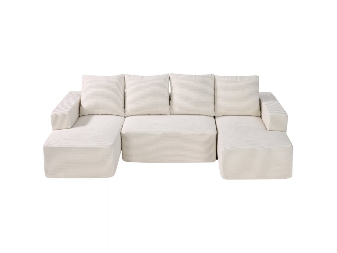 Sofá Seccional Em U Modular Em Tecido Aveludado Com Almofadas E Estrutura Robusta 256cm Bege Tekmaquinas