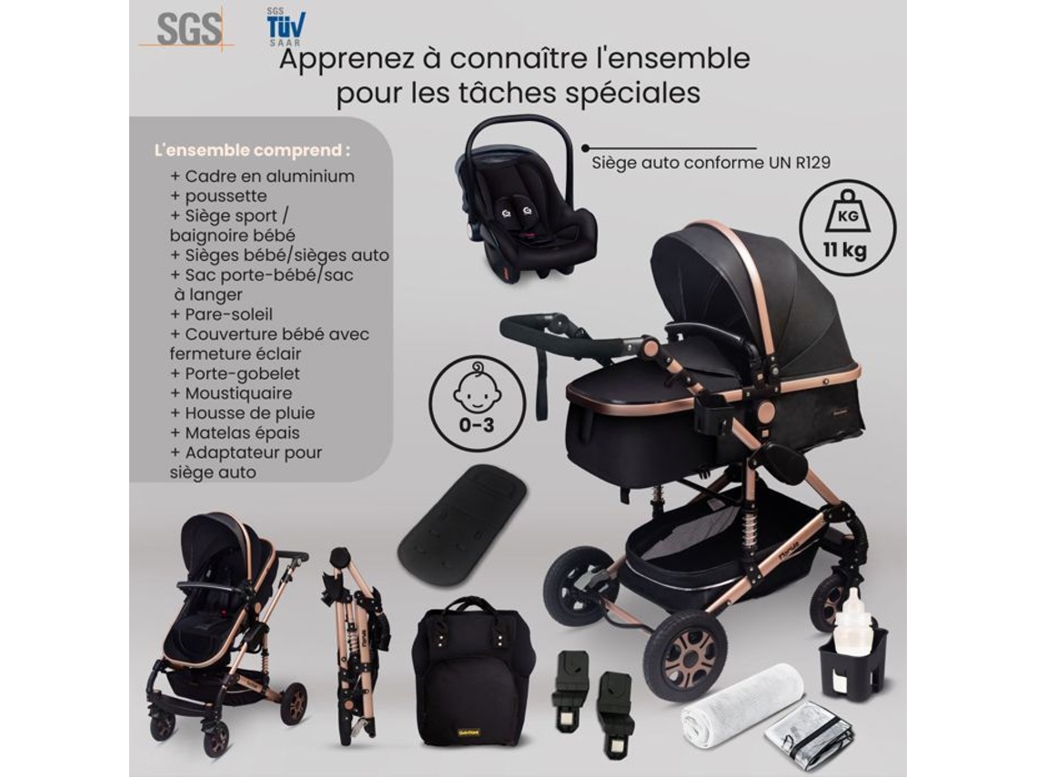 Bazarland30. Carriage 3 Em 1 Conjunto Completo Com Cadeirinha Carrinho Combinado Pneus Maciços Bolsa De Maternidade. Preto E Ouro Gagadumi