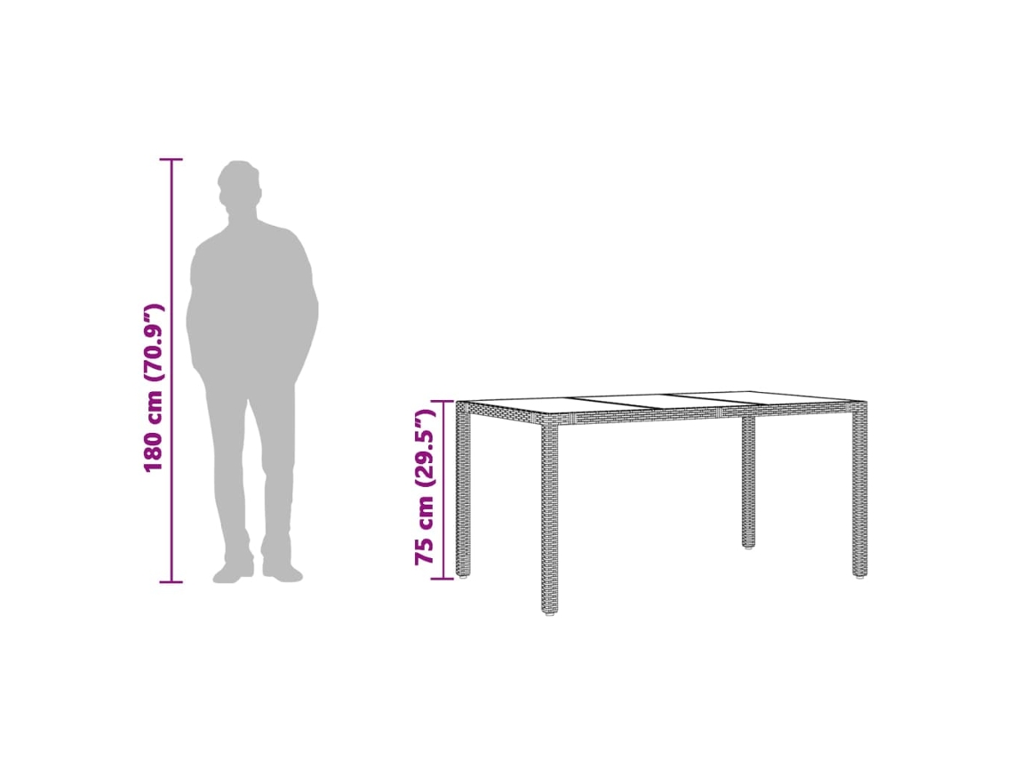 Mesa de Jardim com Tampo de Vidro 150X90X75 Cm Vime Pe Preto PANGSHIYUAN