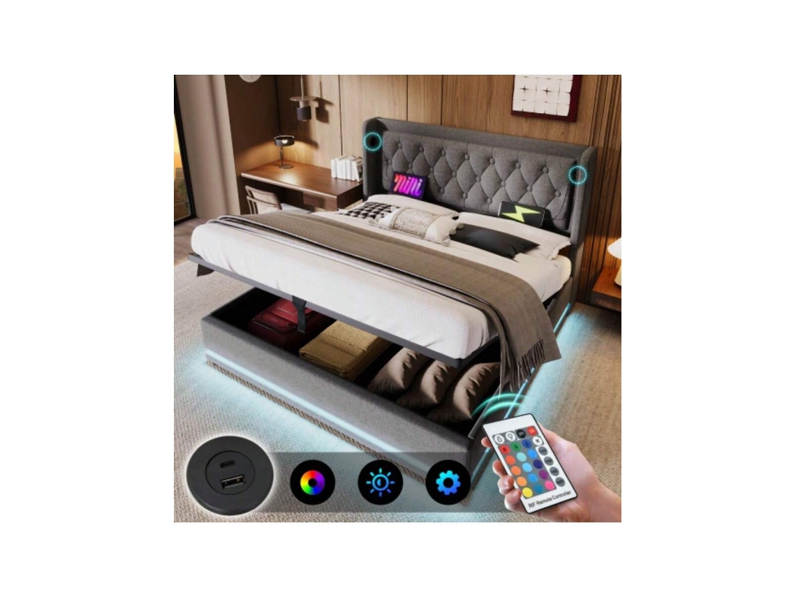 Cama Estofada Cama De Casal 160200 Cm, Material De Algodão Cinza, Cama De Armazenamento Hidráulica, Cabeceira Estofada Com Função De Carregamento U