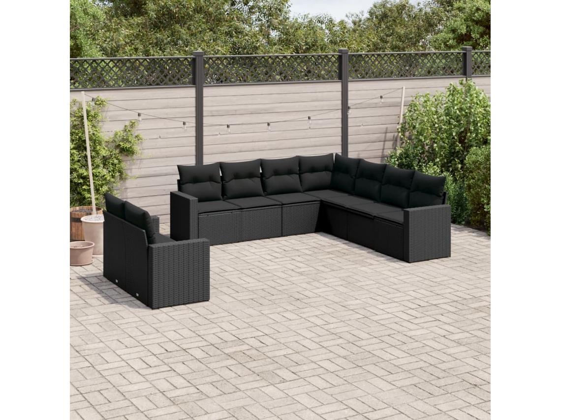 Conjunto 9 de sofás p/ jardim c/ almofadões vime PE preto