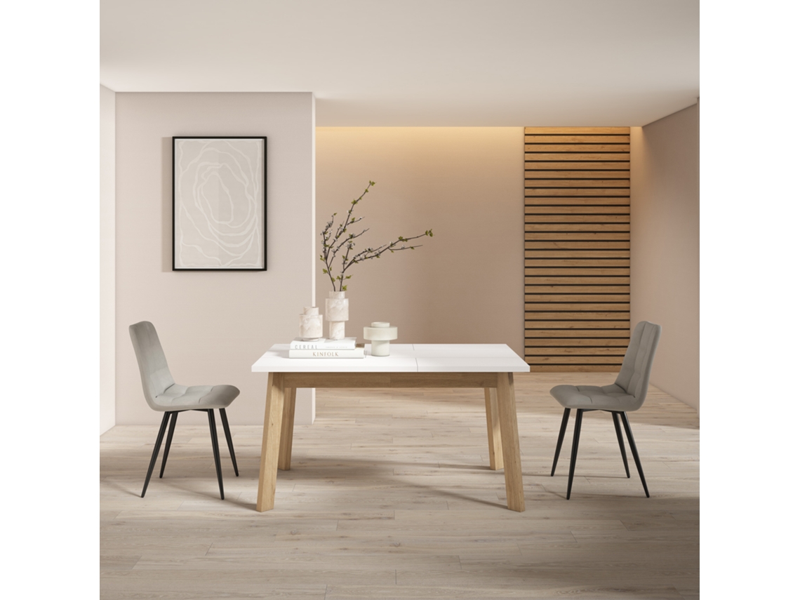 DUERMETE ONLINE Mesa Sala de Jantar Mesa Cozinha 140 para 6 Pessoas Pés de Madeira Estilo Moderno Branco