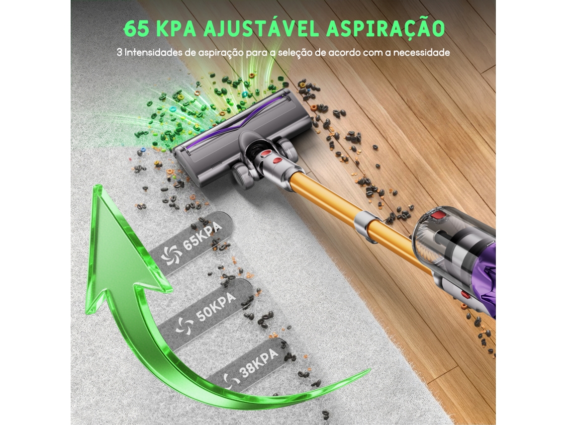 Aspirador vertical sem fios 650W–65KPa–3 velocidades–LED– 70min– depósito 1,8L– para tapetes, chão duro e pelos de animais