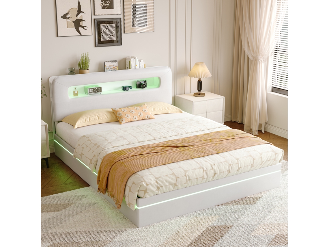 Cama Casal 140x200 Com Armazenamento Hidrã¡ulico, Cabeceira De Veludo E Luz Led Rgb | Controlo Por App, 29 Modos Suporta 300kg | Envio Em 2 Pacotes