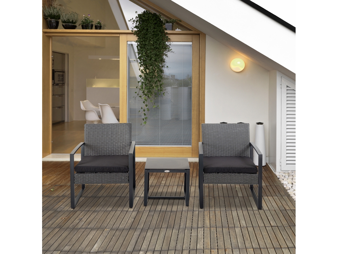 Conjunto De Móveis De Jardim Poliéster E Vime Pe Cor Gris 63x57x76 Cm Outsunny