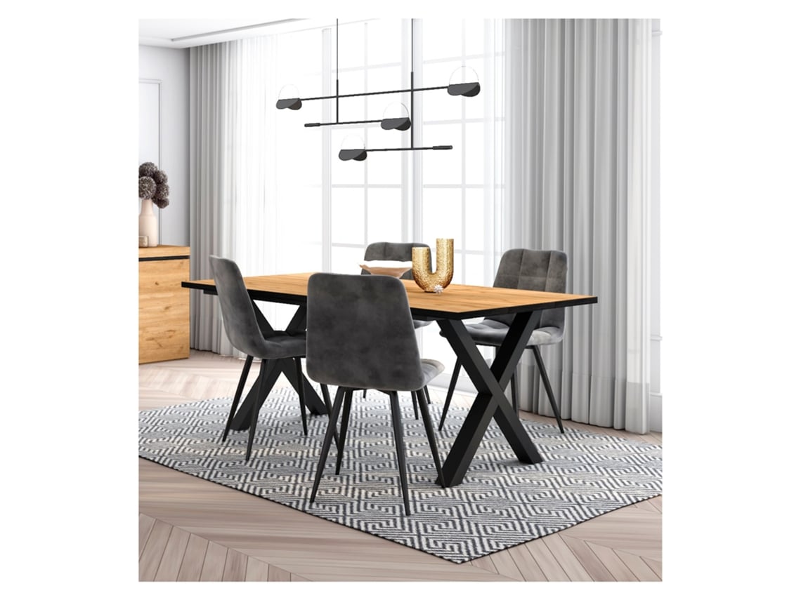 Conjunto Móveis Mesa de Sala de Jantar 170 Oak e Preta Industrial Mesa Jantar Conjunto de 4 Cadeiras de Jantar Cadeira Estofada DUERMETE ONLINE
