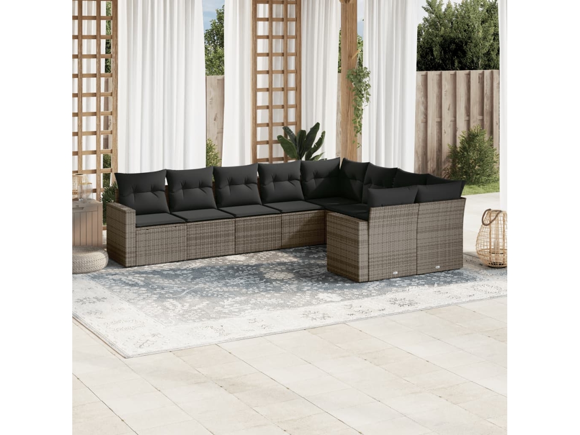 Conjunto 9 sofás p/ jardim com almofadões vime PE cinzento