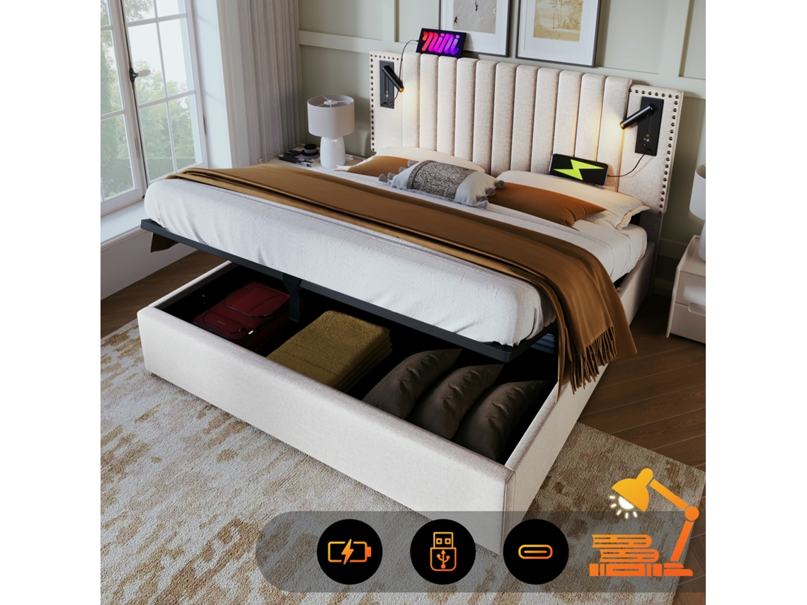 Cama Estofada 180x200, Cama De Casal, Espaço De Arrumação, Cama Box, Luz De Leitura Com Função De Carregamento Usb, Cabeceira, E (sem Colchão)