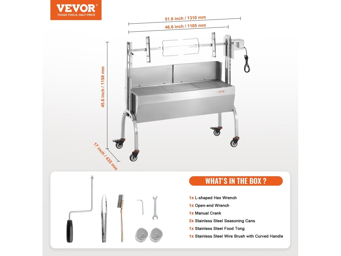 VEVOR Grill Cordeiro Leitão Grill Assado Grill 52W 90Kg Pára-Brisa