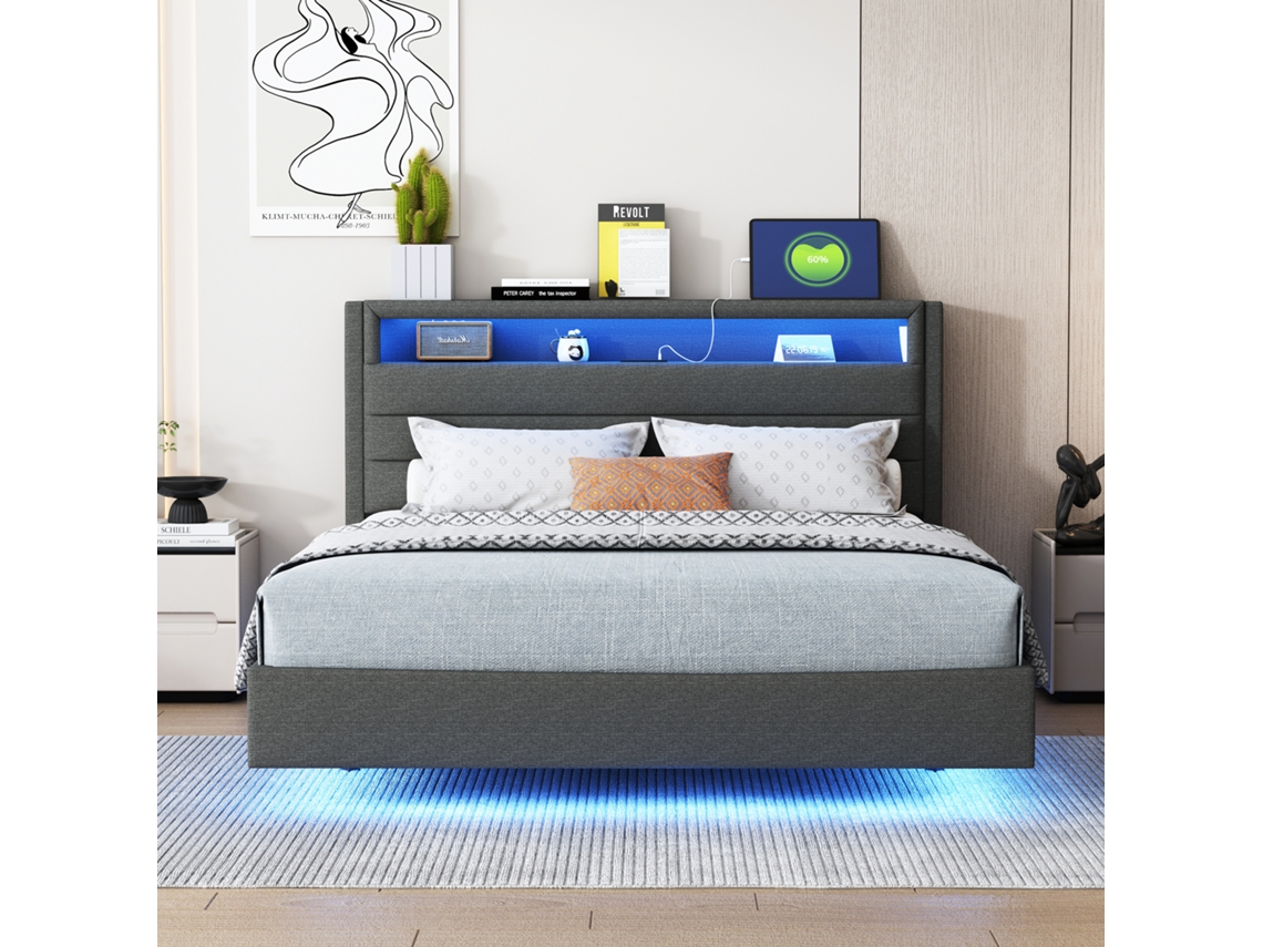 Cama Estofada 140x200 Cm Com Tomada Usb E Luz Led, Cabeceira Reversível, Rodapé Oculto, Cama Dupla Plana, Cinzento