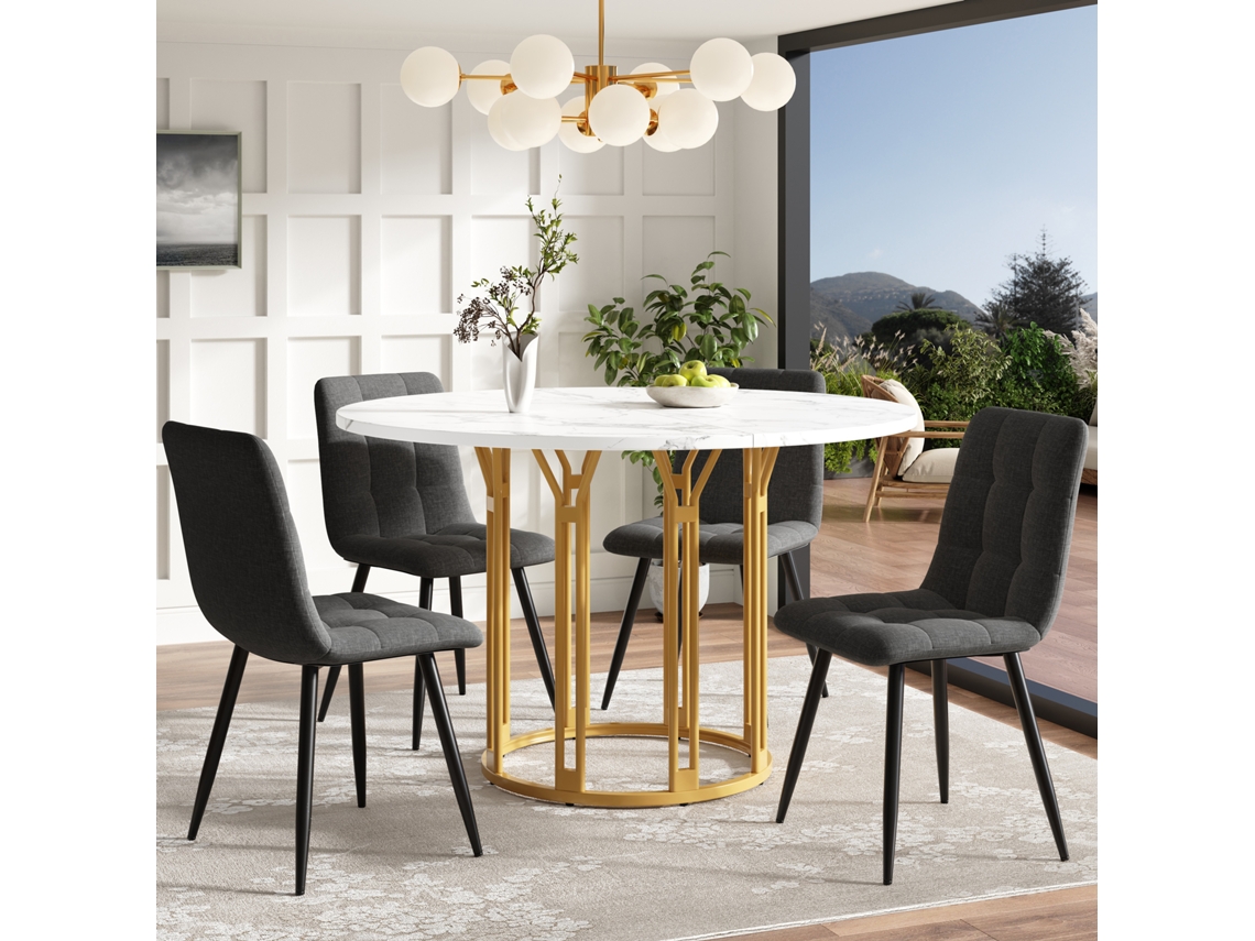 Mesa Redonda De Cozinha Ou Café, Estrutura Em Metal, Padrão De Mármore, Cor Ouro/preto, Perfeita Para Sala E Cozinha Sini Tech Store