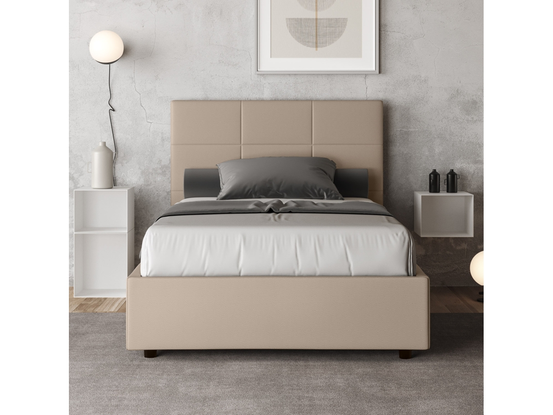 Cama de Casal com Arrumação Estofada MikaITYHOME (140 x 190 cm - Painéis de Melamina e Couro Sintético)