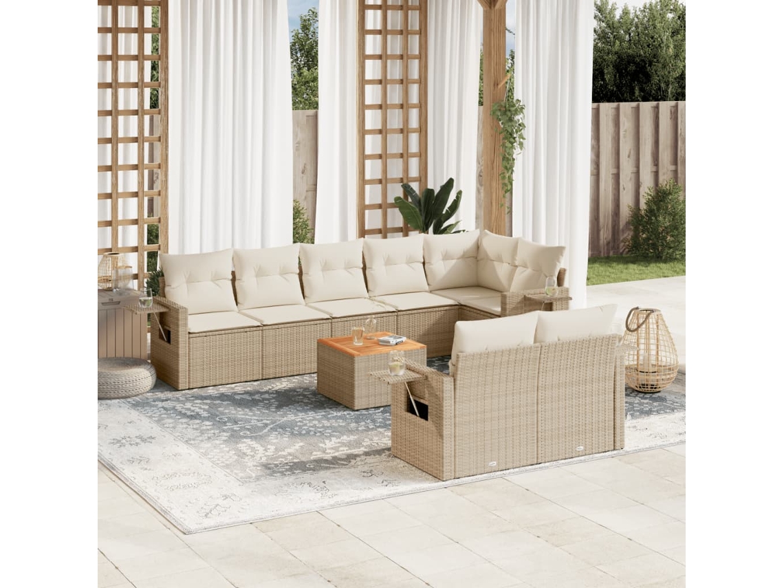 Conjunto 9 de sofás p/ jardim com almofadões vime PE bege