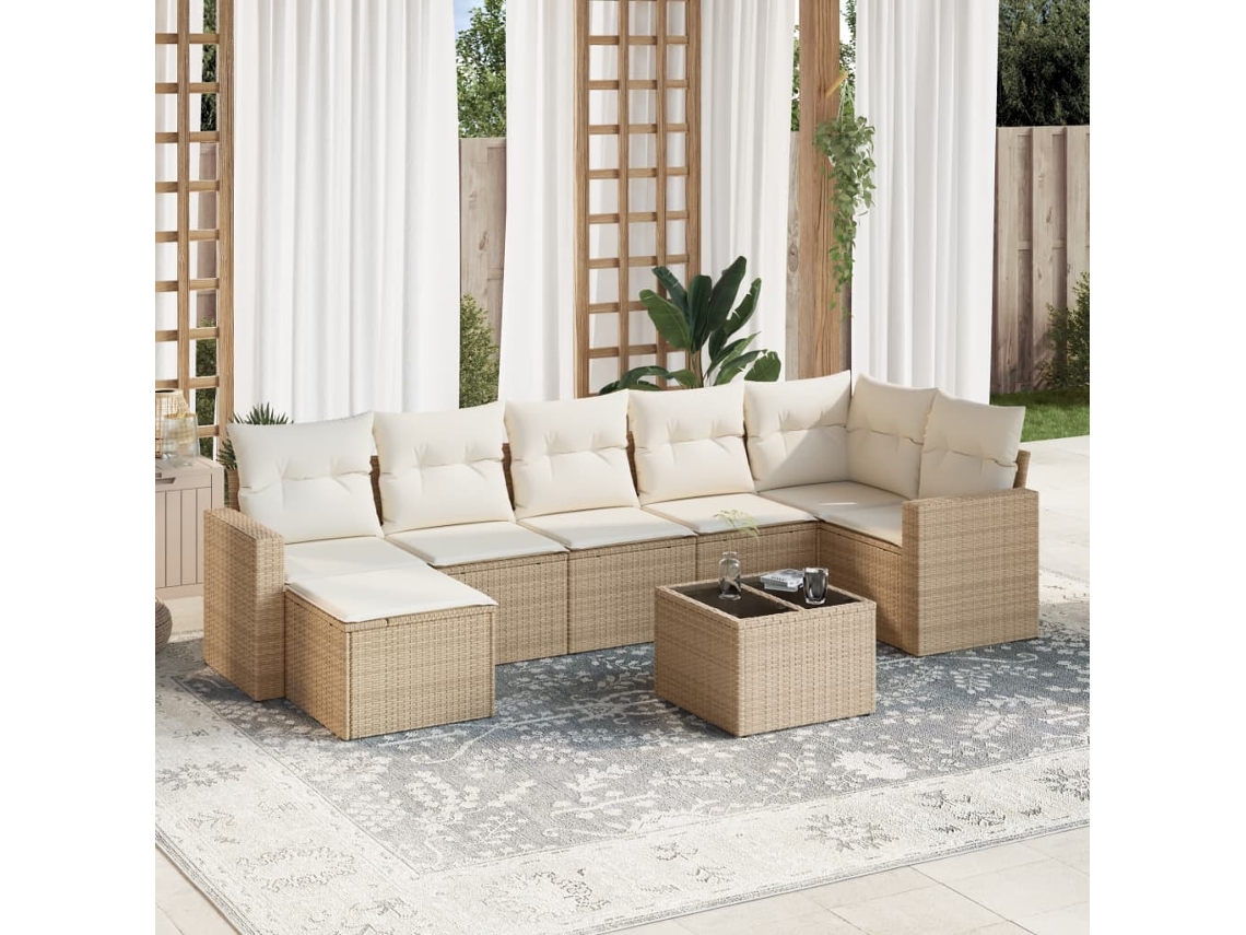 Conjunto 8 de sofás p/ jardim VIDAXL com almofadões vime PE bege